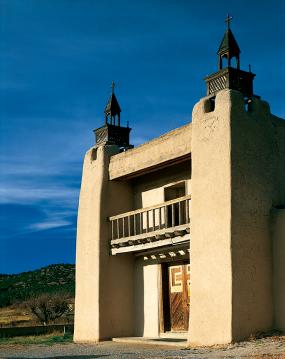 "Facade, San Jose de Gracia" The church was built at Las Trampas, NM in 1776 with this imposing facade and bell towers, 1988